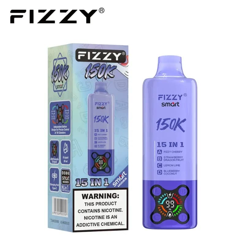 Vape rechargeable 4 en 1 Fizzy Smart 150K, écran numérique, 15 combinaisons de saveurs, 80 ml, 2 % de nicotine