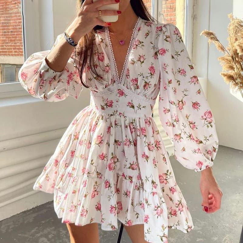 ins street casual floral mid-length skirt high waist slim V-neck dress