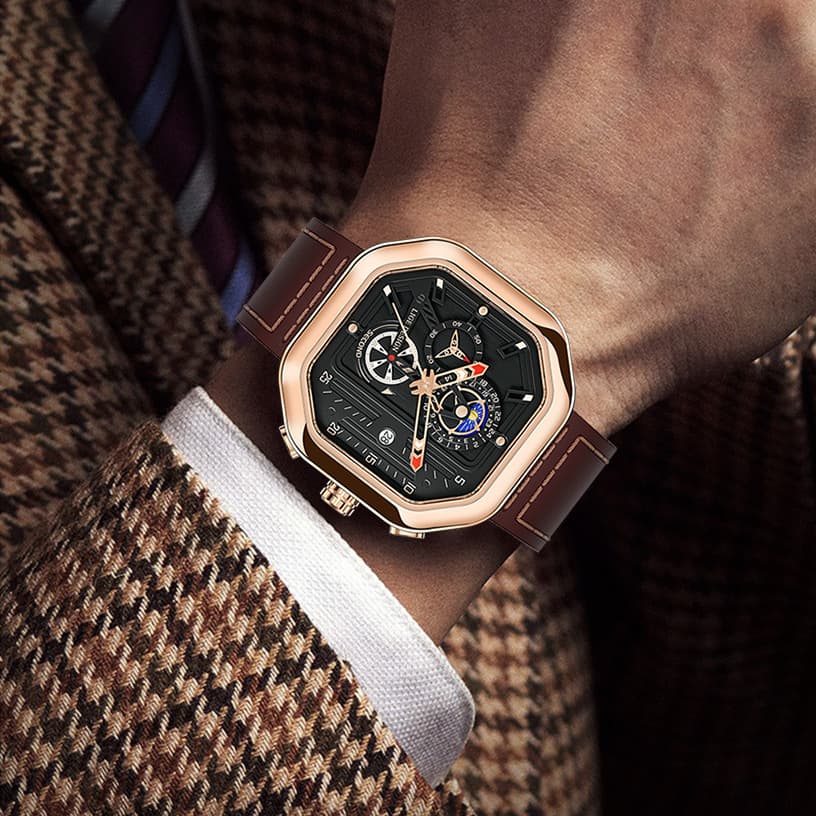Men's Stylish Octagonal Quartz Watch With Date Function, Water Resistant, Genuine Leather Strap, Mineral Crystal Glass, Sporty Design