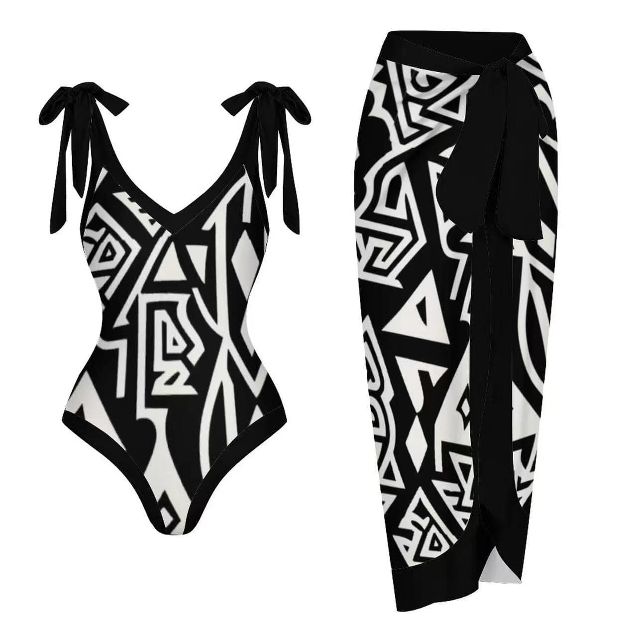 French retro conservative one piece swimsuit paired with mesh skirt two-piece casual swimsuit