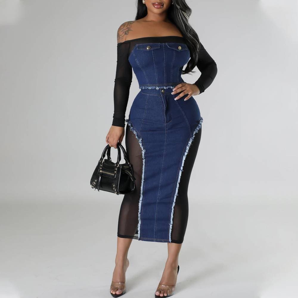 Women's Clothing fashion mesh denim splicing see through tube top skirt two piece set