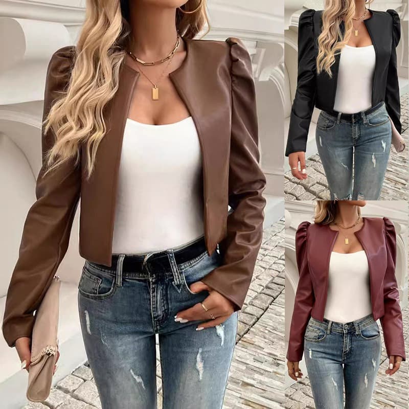 Women's Faux Leather Biker Jacket – Slim-Fit Cropped Motorcycle Style (S-XL, Black/Burgundy/Dark Brown, Edgy Streetwear Essential)​