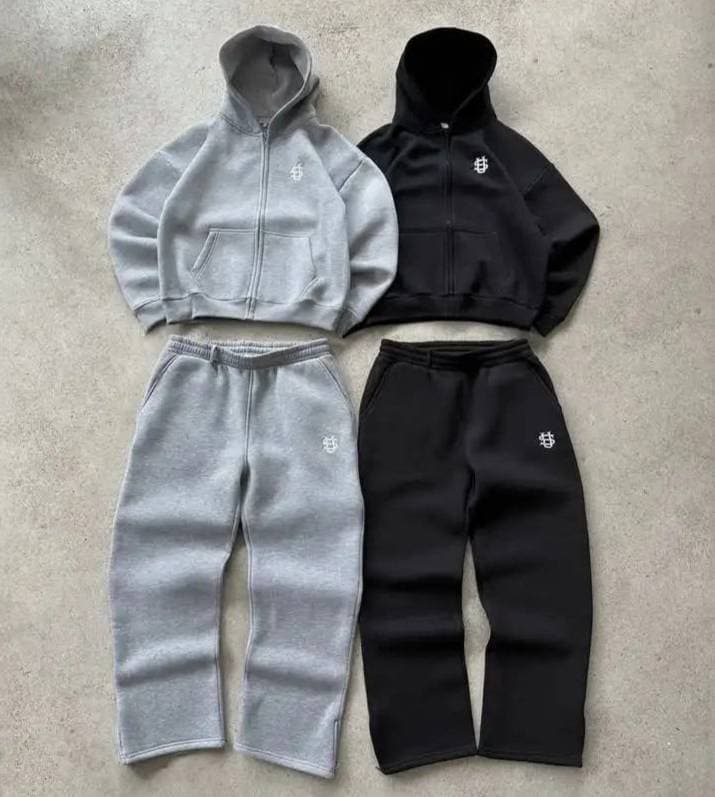 Unisex Embroidered Zip-up Tracksuit Set, High-street Hip-hop Style Sweatshirt Set