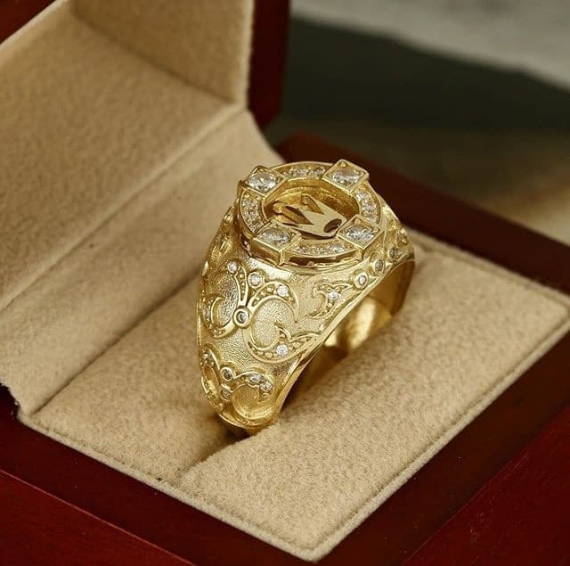 Sanjie Gold Plated Crown Ring, Carved Full Diamond Male Ring Gift