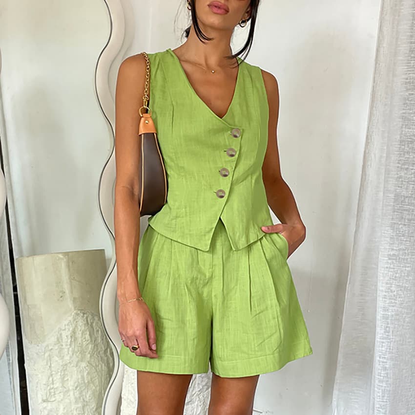 Women's Clothing Fashion Vest Solid Color Buttoned V Neck Shorts Two Piece Set