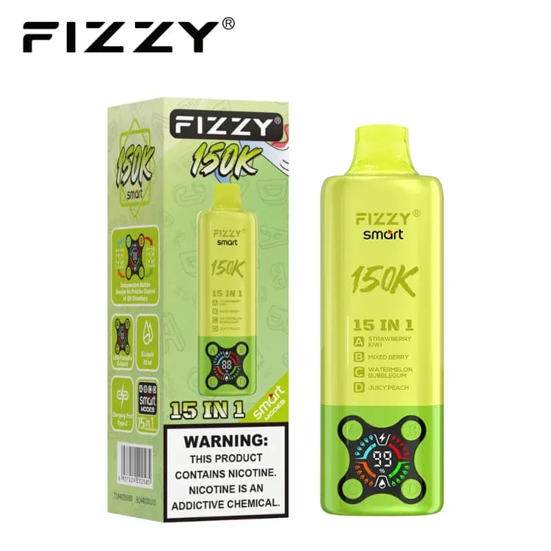 Vape rechargeable 4 en 1 Fizzy Smart 150K, écran numérique, 15 combinaisons de saveurs, 80 ml, 2 % de nicotine