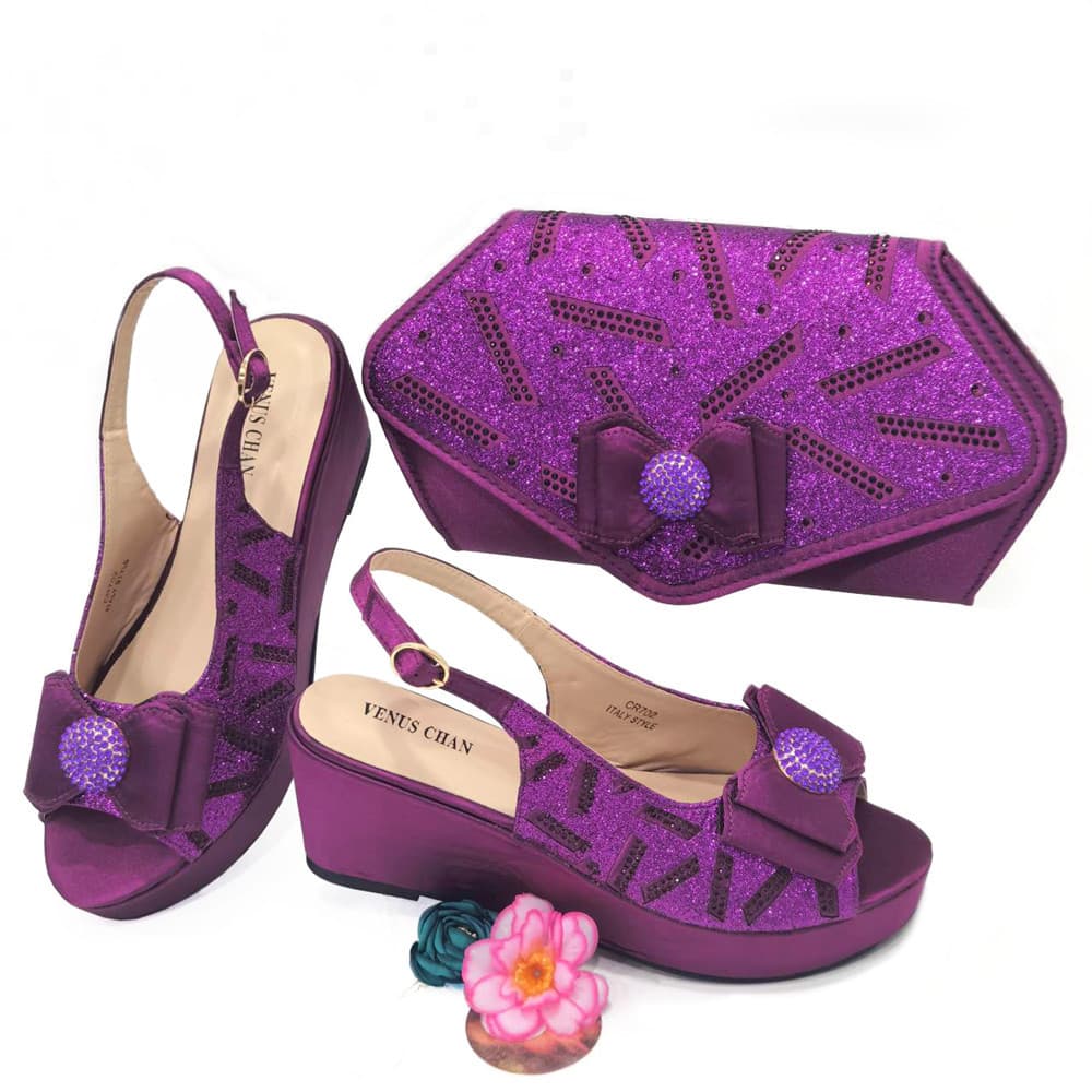 Women's Shoes Large Size Women's Shoes Birthday Party Shoes Small Wedge Heel Thick Sole Shoes With The Same Design Clutch Bag Diamond Flower