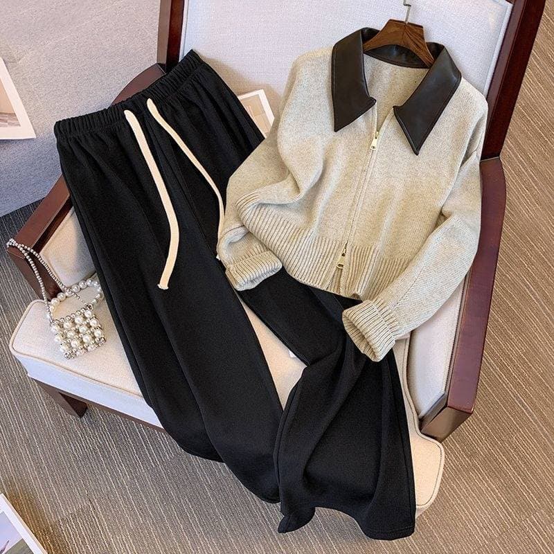 Women's Clothing Autumn And Winter New Fat Mm Retro Zipper Sweater Cardigan Women's Slim Wide Leg Pants Cover Meat Suit