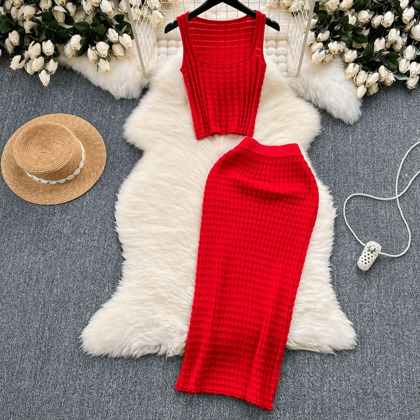 Women's Clothing Retro Hottie Style Suit For Women Summer Short Vest Top Versatile High Waist Skirt Knitted Two Piece Suit