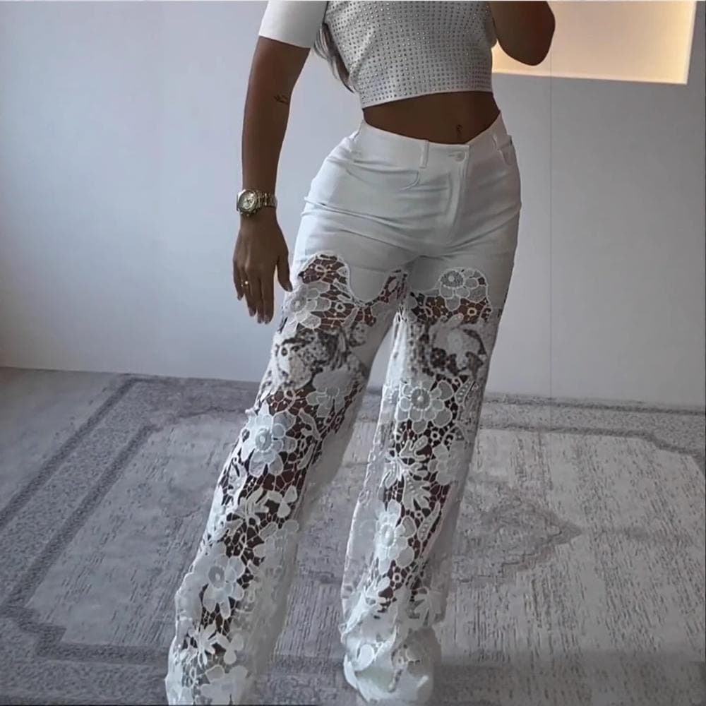 Women's Clothing Temperament Women's Lace Stitching Casual Jeans