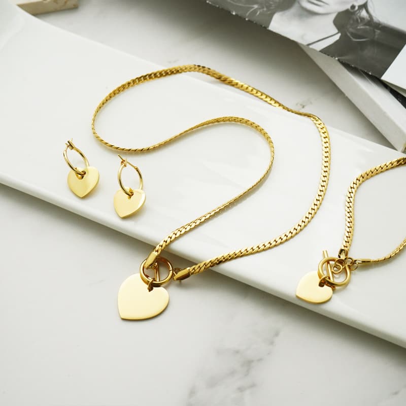 Heart shaped K real gold set of three pieces the beautiful necklace snake bone chain bracelet necklace earrings