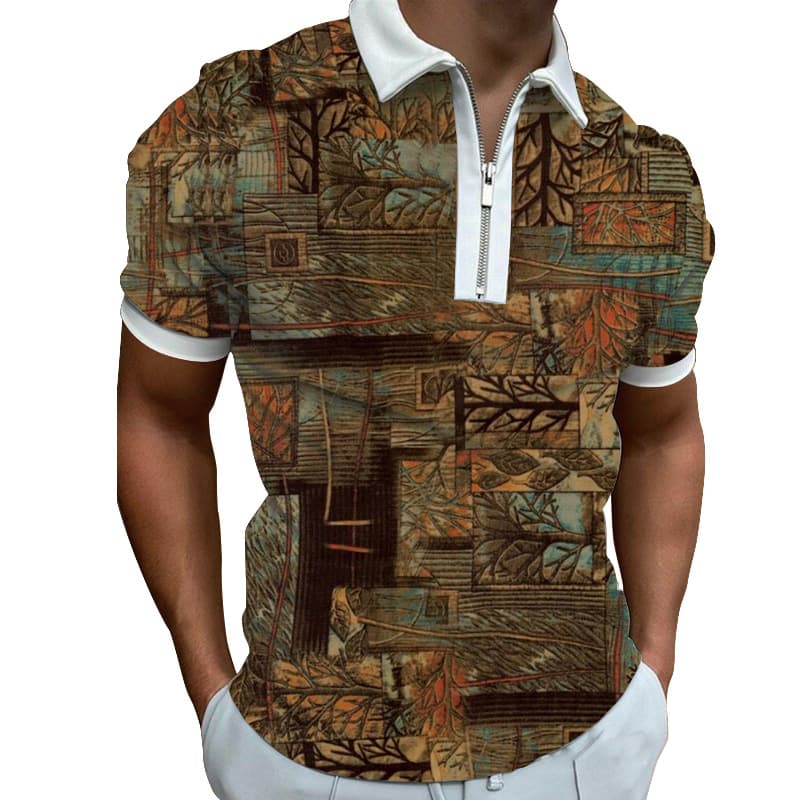 Men's Printed Fashion Casual Popular Short-sleeved Zipper Polyester Polo Shirt T-shirt For Men
