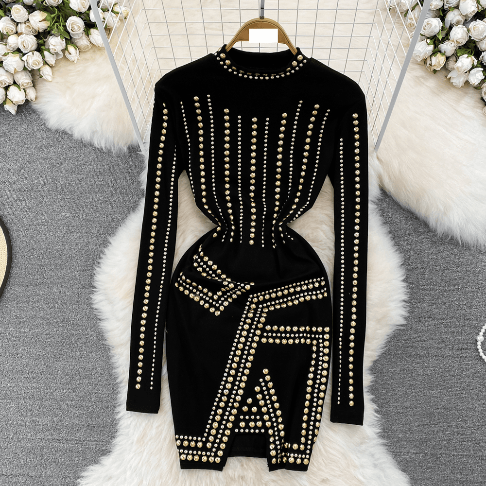 Women's Clothing high end light luxury temperament long sleeved round neck diamond studded waist slimming medium length slit hip wrapped dress