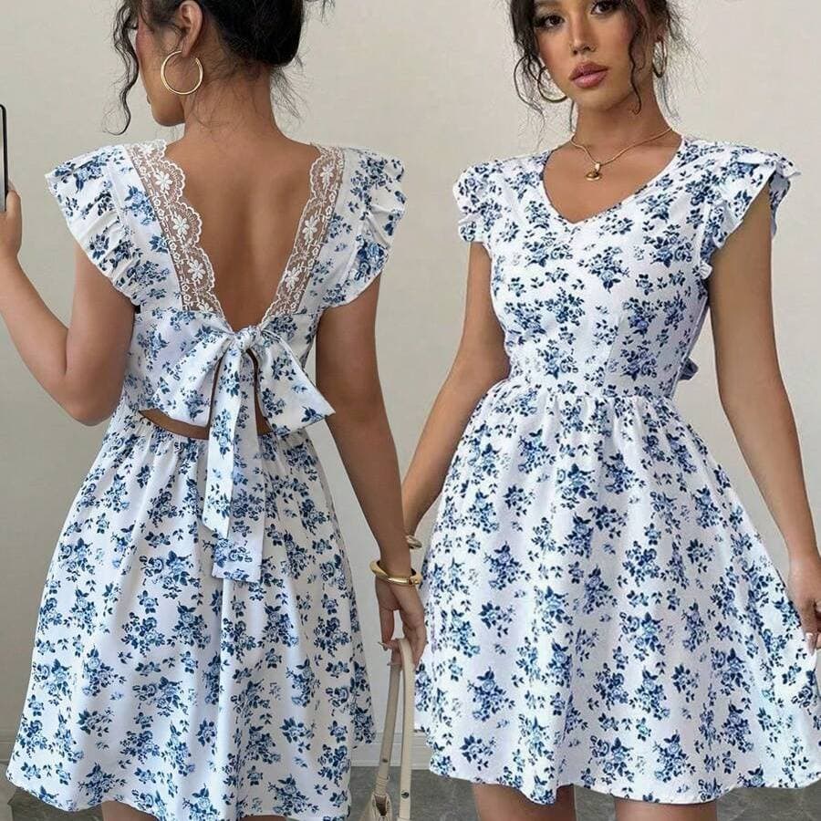 Women's Clothing Floral Print V Neck Dress With Ruffled Hem