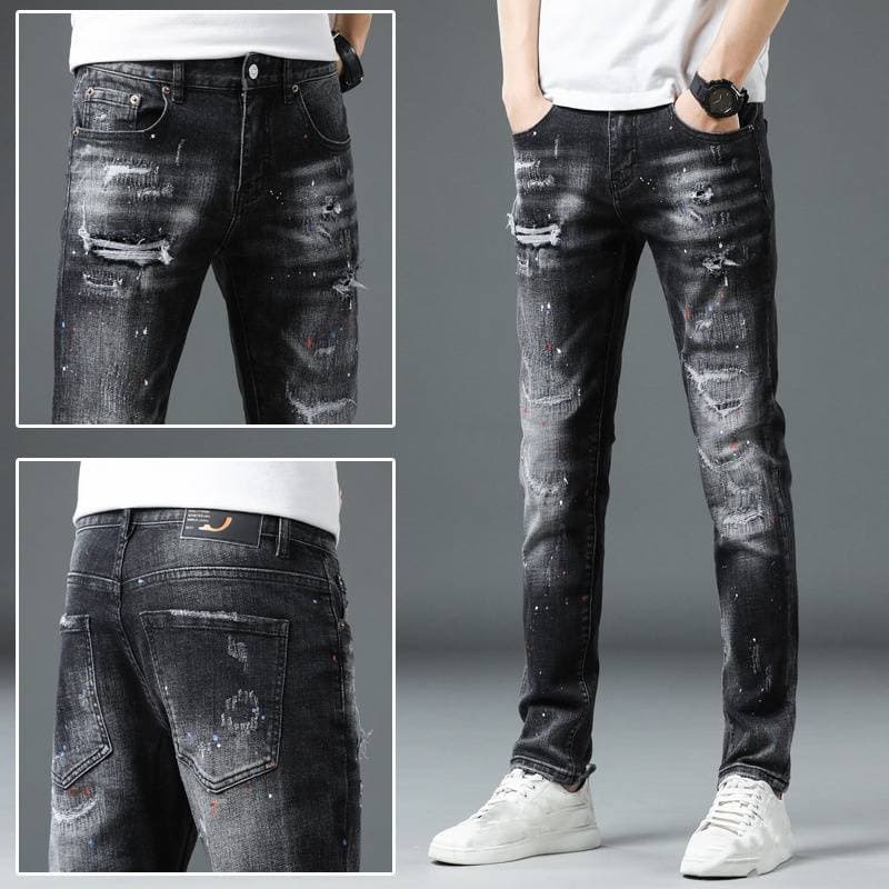 Jean slim stretch pour homme avec détails usés - Pantalon en denim délavé noir et gris pour une tenue décontractée