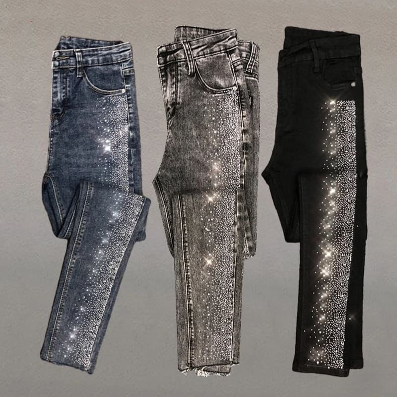 ​​"Glitter Embellished High-Waisted Jeans – Stretchy Slim Fit Pants With Rhinestone Details (XS-6XL, 7 Colors)"​​