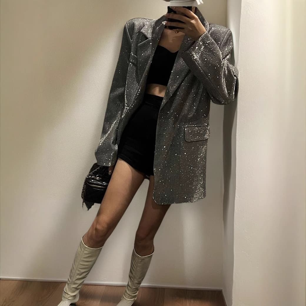 Plus Size Sequin Blazer For Women – Oversized Retro Longline Jacket (Grey/Black, XL-5XL) | Streetwear & Office Chic