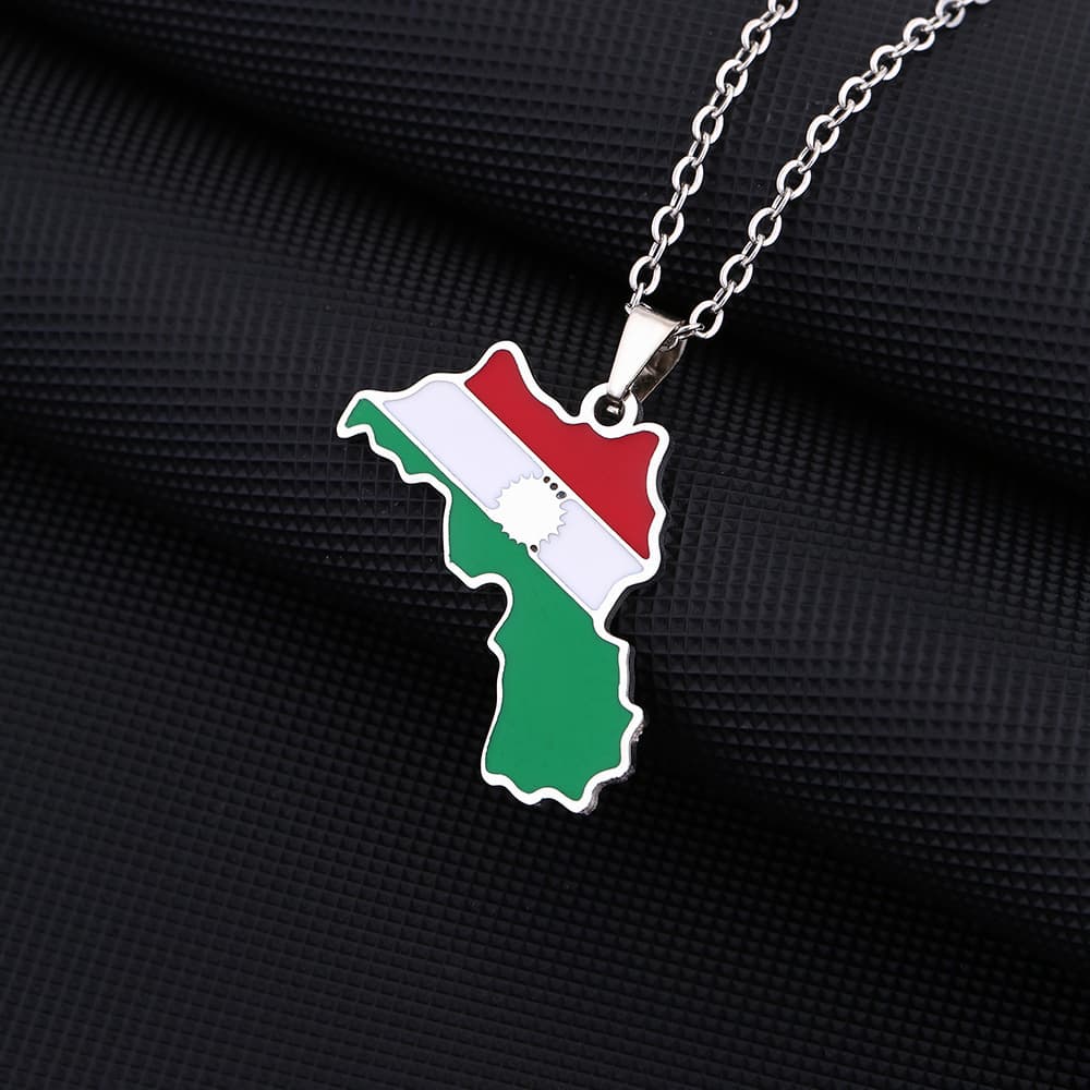 Collier avec pendentif carte du Kurdistan en forme de goutte d'huile, style rétro, en acier inoxydable, pour hommes et femmes
