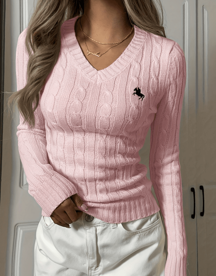 Pull en maille torsadée brodée pour femme, col en V, en stock
