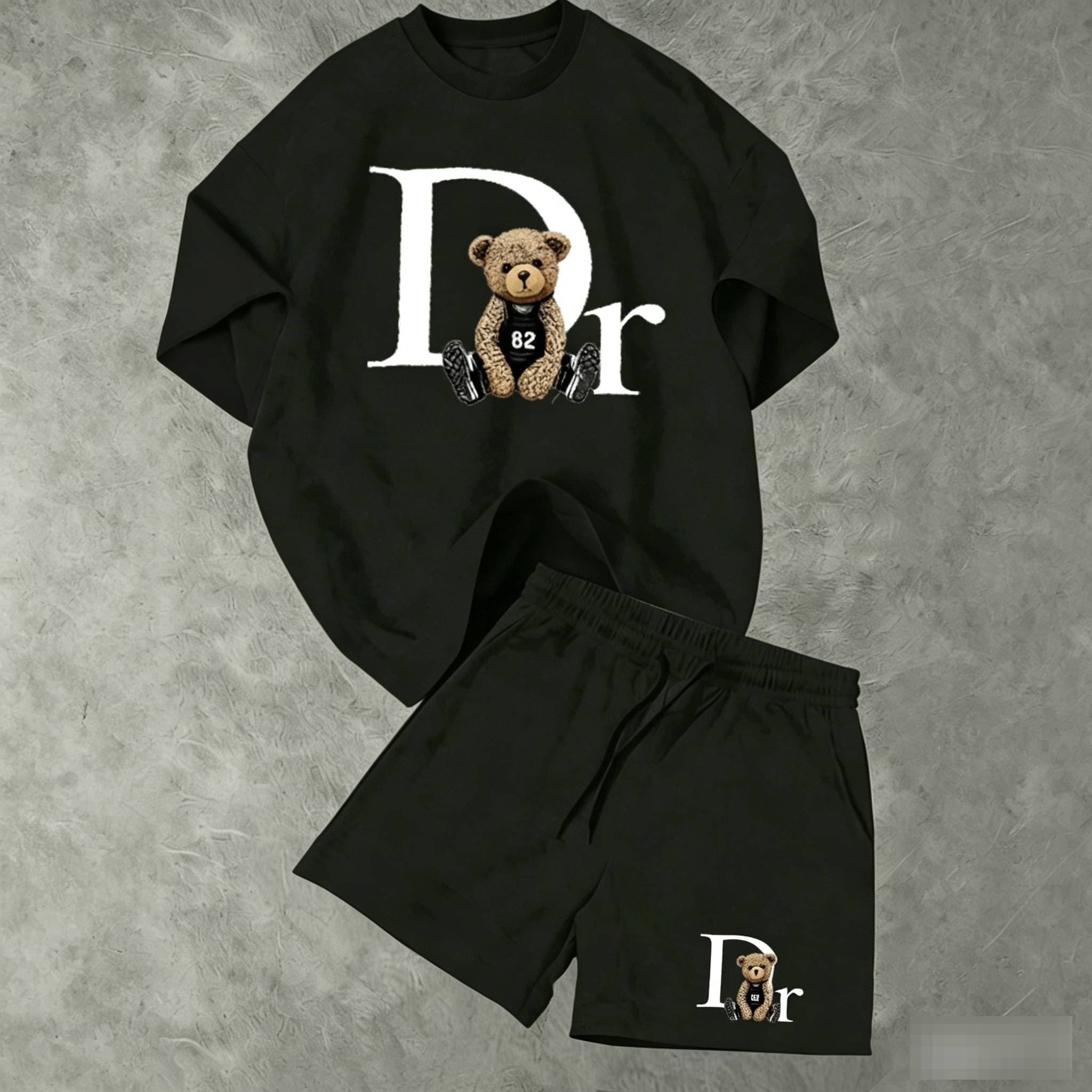 Men's Clothing And Women's Summer DR Bear Beaded Short Sleeve T-Shirt Set High Waist Split Skirt Casual Stylish Polyester Clothing Black Micro-Elastic