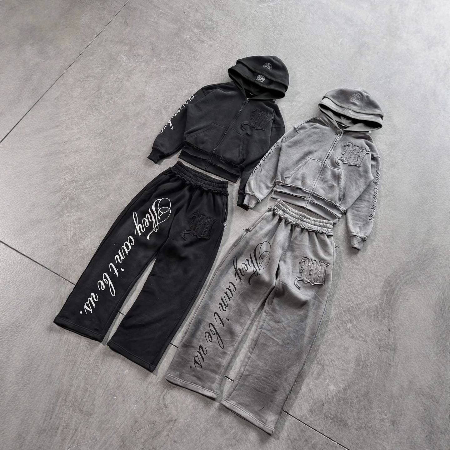 Streetwear Set – Distressed Zip-Up Hoodie & Stretchy Low-Rise Pants, Harajuku Fashion Outfit