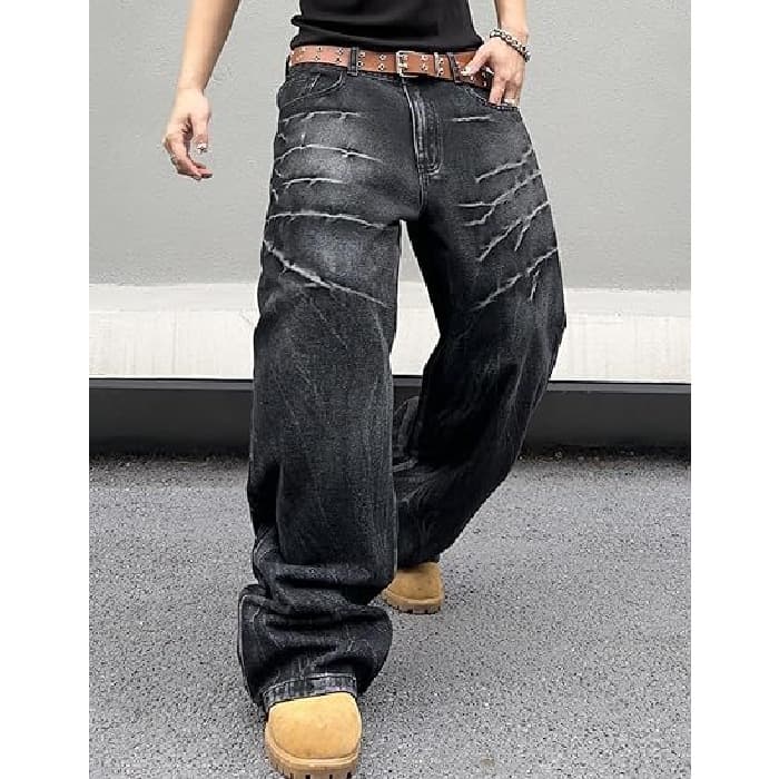 Men's Hip Hop Baggy Jeans - Loose Fit Skate Pants, No Belt Needed, Washed Denim For Streetwear & Urban Style