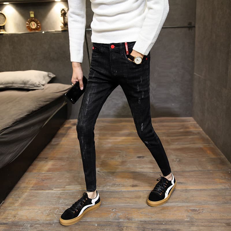 Men's Social Spirit Young Man Black Skinny Jeans Fast Hand Celebrity Same Style Slim Foot Long Pants