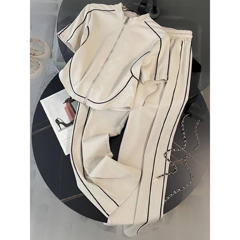 Casual Sports Suit For Women Summer New Style Fashionable Street Cardigan Short Sleeve Wide Leg Pants Two Piece Suit