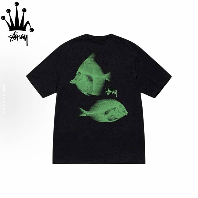 Stussy Tea Fish X-ray Pattern Printed Casual Loose Cotton Short Sleeved T-shirt