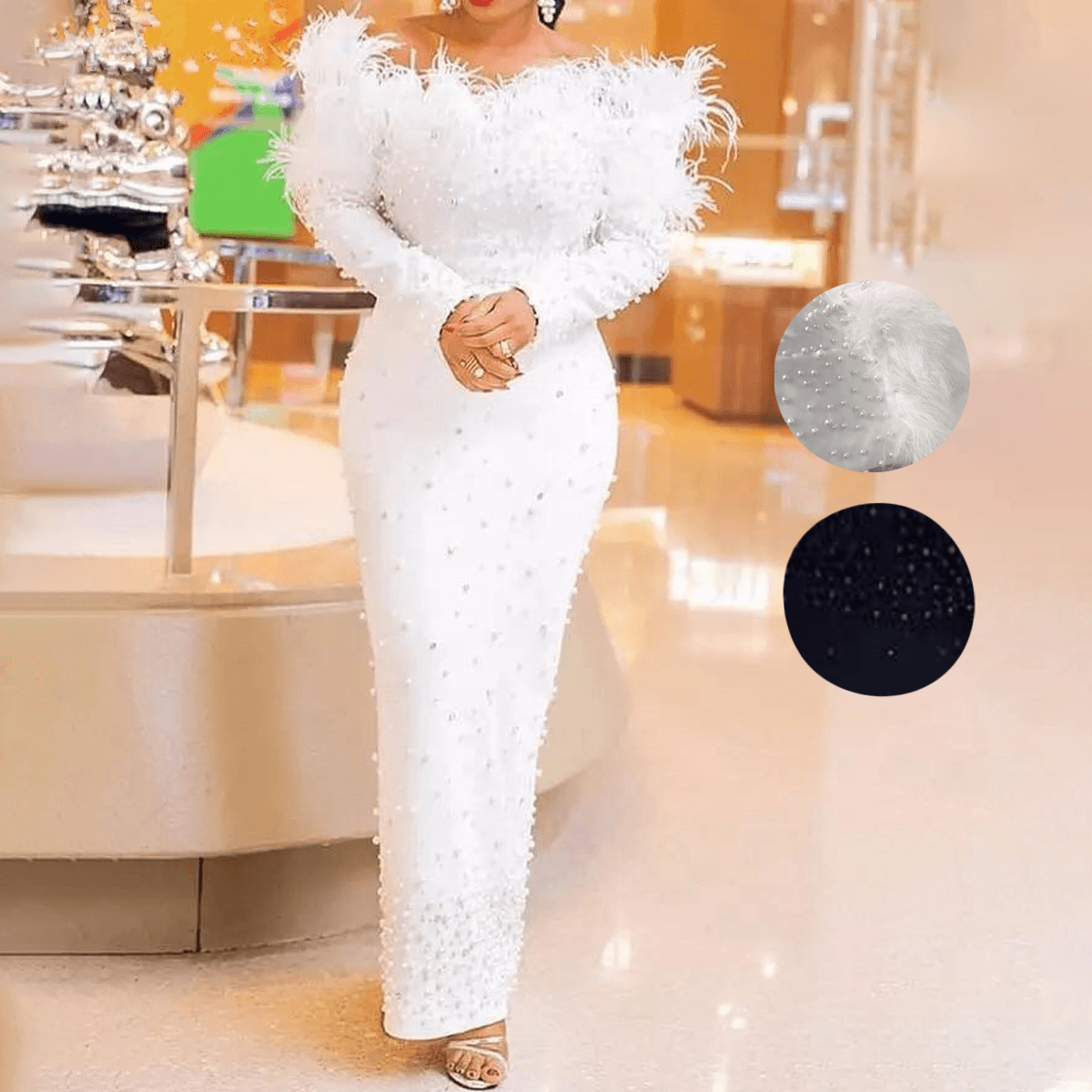 Elegant One-Shoulder Feather & Beaded Evening Gown - Glamorous Pearl And Sequins Embellished Dress​