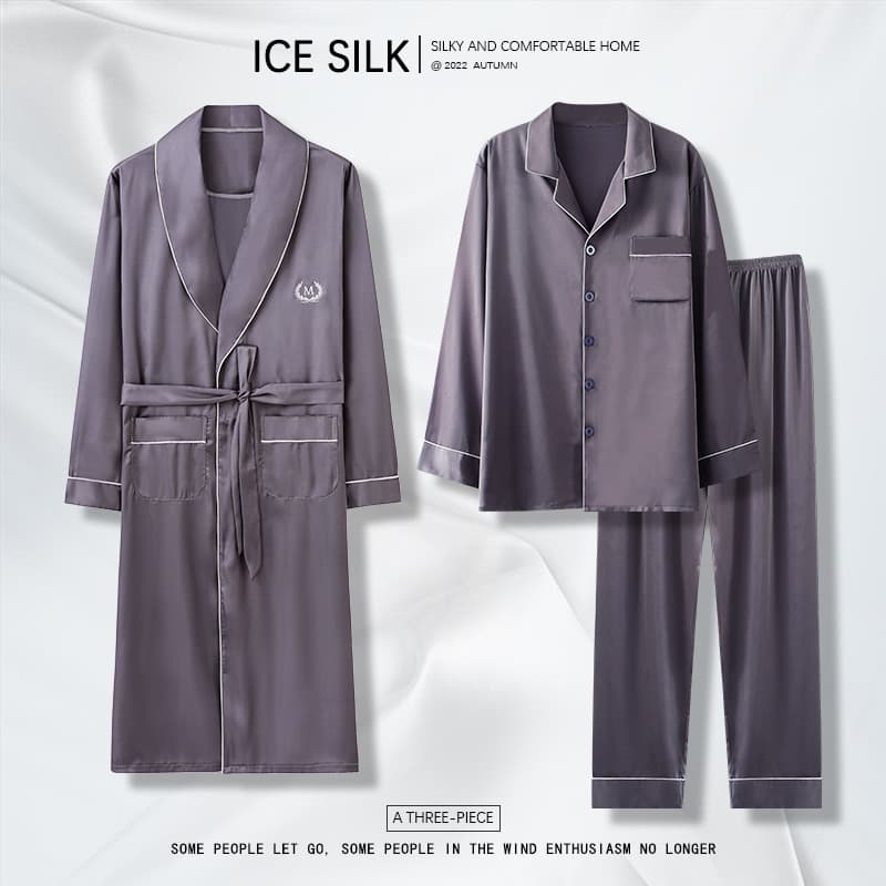 Three-piece ice silk pajamas men's spring and autumn long sleeves 2023 new autumn and winter robe bathrobe high-end home clothes