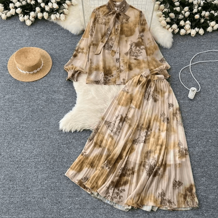 Women's Clothing Gentle Style Two Piece Suit For Women French Style High End Bow Tie Lantern Sleeves Printed Shirt Drapey Skirt