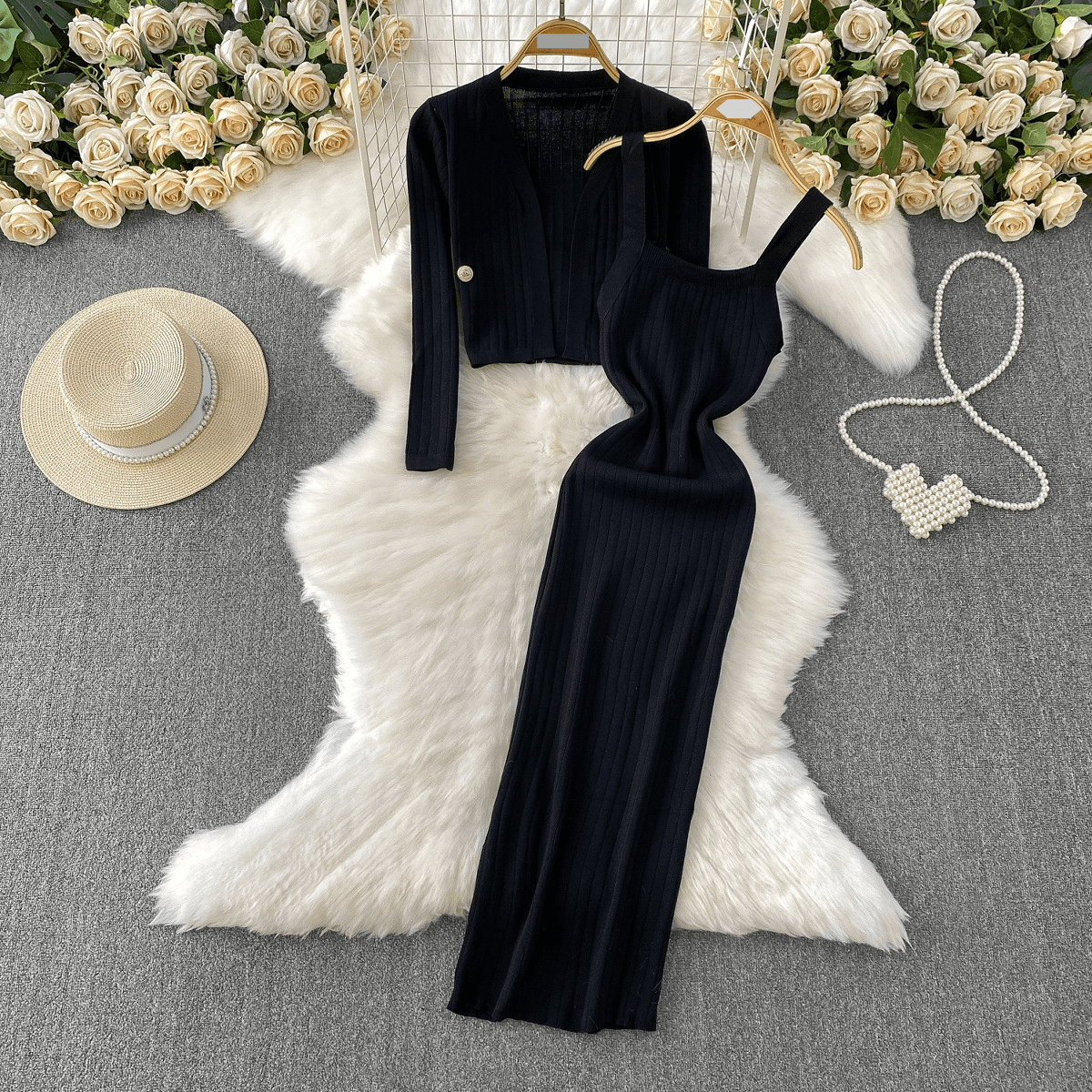 Women’s Clothing Fashionable Temperament V Neck Long Sleeved Knitted Cardigan Short Jacket Striped Waist Slimming Suspender Dress Suit