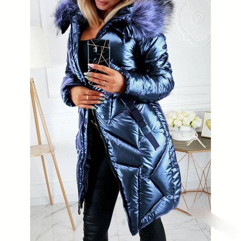 Women's Shiny PU Trench Coat With Faux Fur Hood - Slim Fit Long Winter Jacket, Warm Quilted Outerwear For Cold Weather