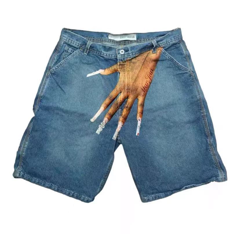 Men's Clothing Hip-hop Trend Pattern Printed Denim Shorts Men's High Street Fashion Couple Casual Shorts