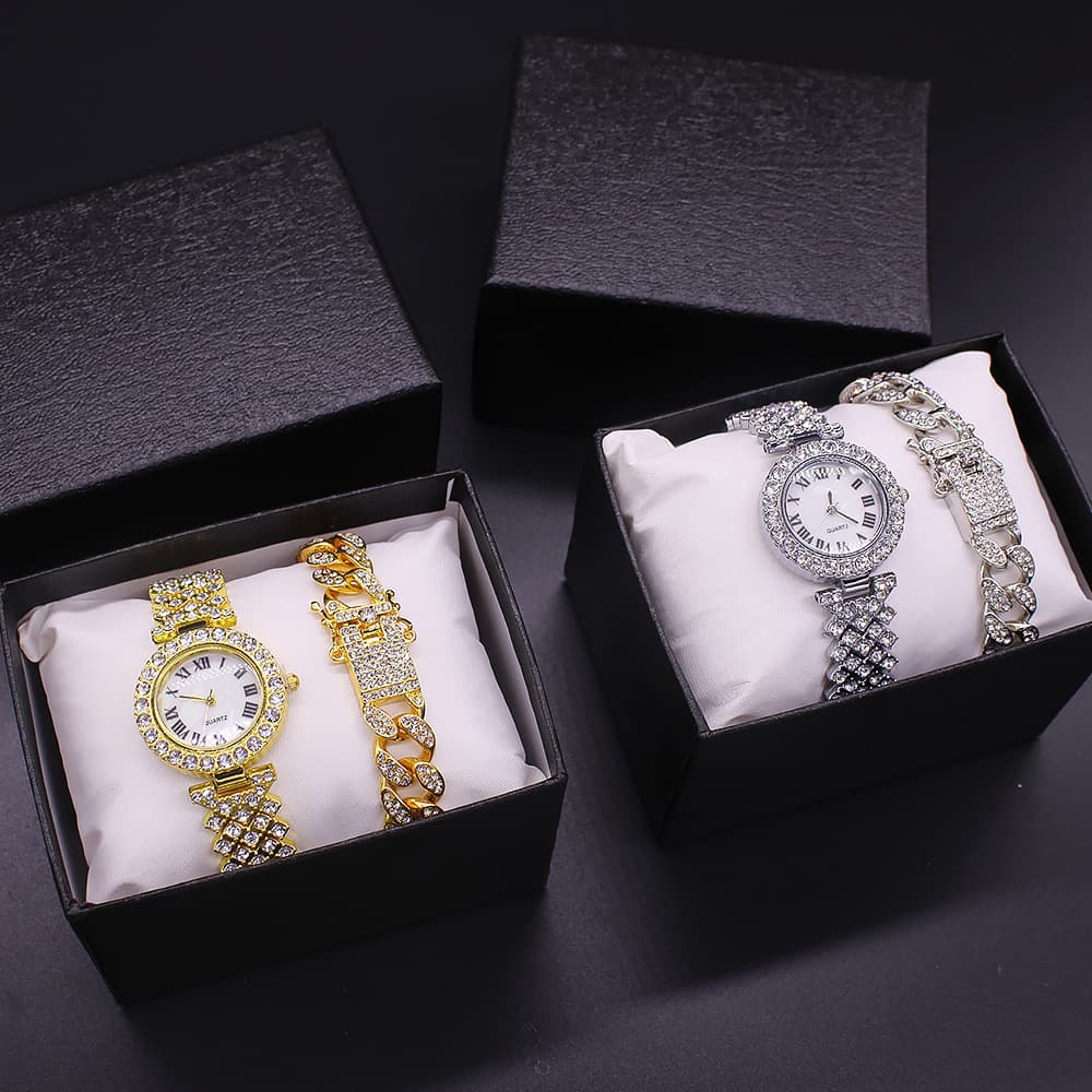 Elegant Women's Watch Set With Diamond Accents & Matching Bracelet – 3-Piece Gift Box (Gold/Silver)