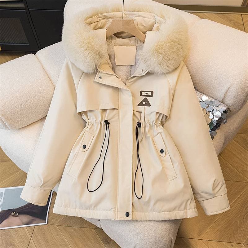 Women's Clothing waist slimming hooded large fur collar plus velvet cotton mid length jacket cotton coat