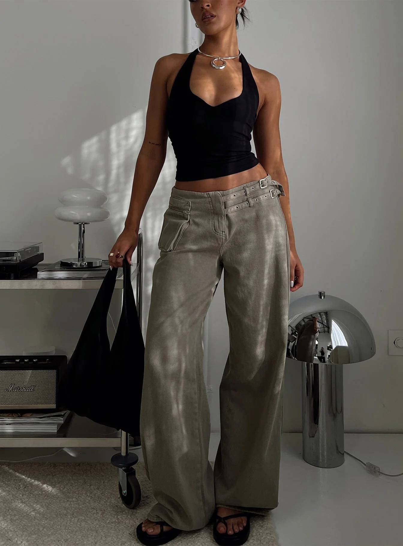 Women's Clothing Personality Street Adjustable Buckle Waist Side Pocket Details Loose Trousers