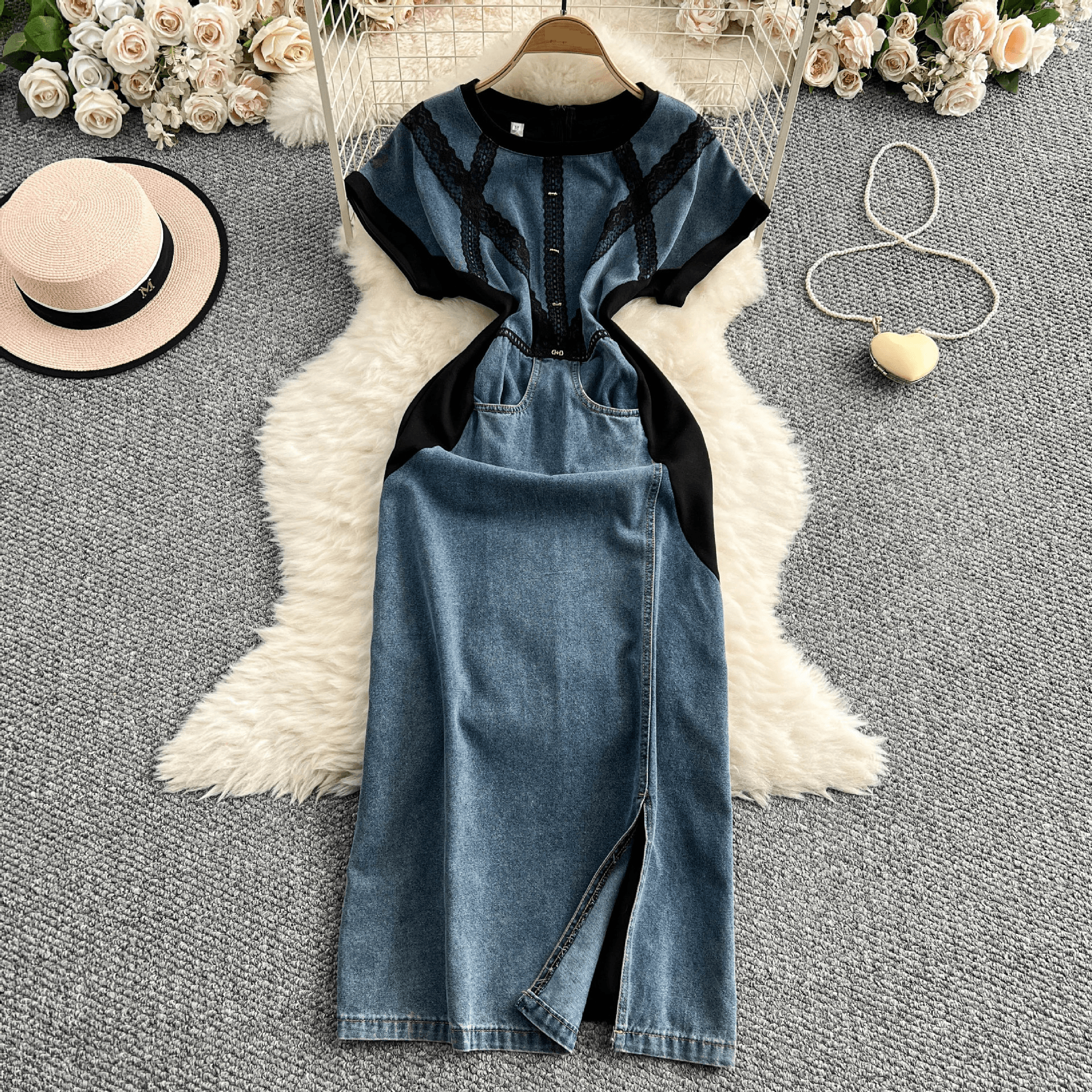 Women's Clothing Round Neck Short Sleeve Denim Dress Women's High Waist Slim Slit Hip Long
