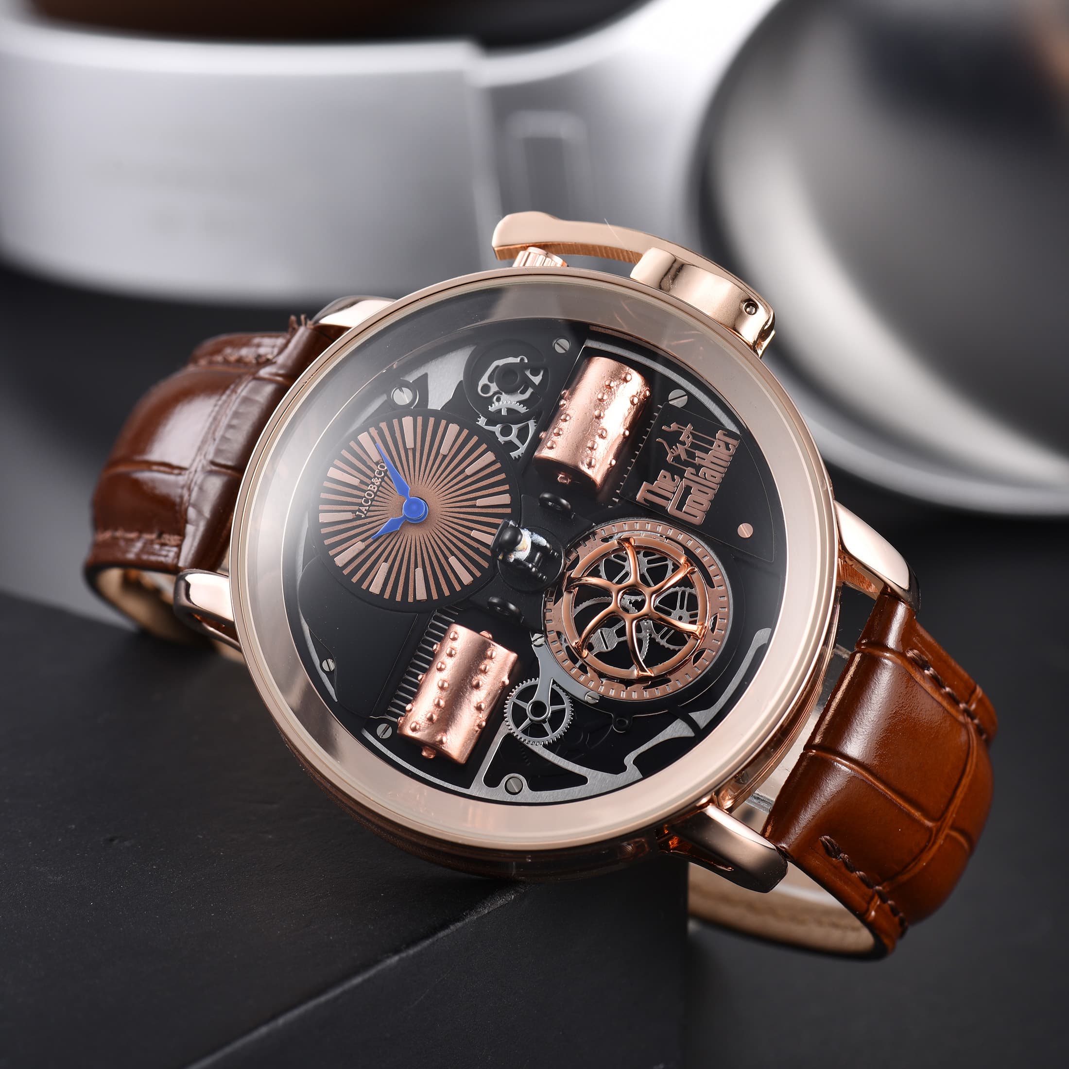 Montre homme Le Parrain de l'Opéra, édition limitée, cadran squelette, quartz, boîtier en or rose et acier, bracelet crocodile, pièce de collect
