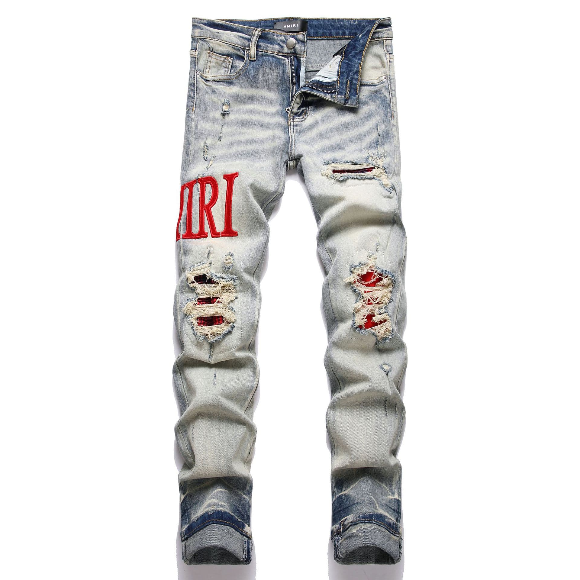 AM New High Street Couleur Usé Patch Étiquette En Cuir Brodé Élastique Moulant Petite Jambe Jeans Pour Hommes
