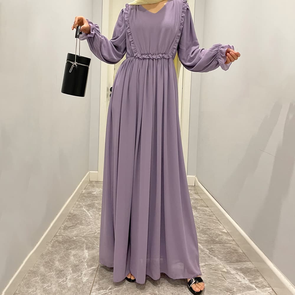 Women's wooden ear edge long sleeve dress solid color women's chiffon long dress