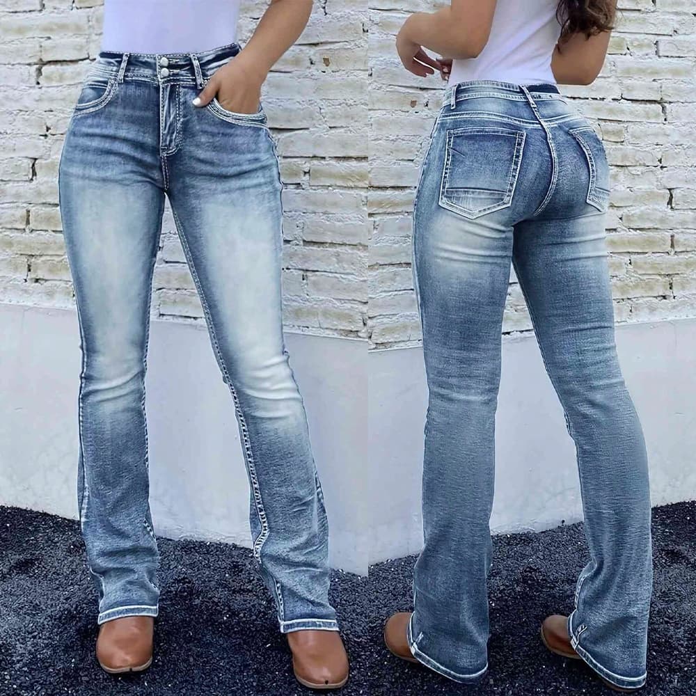 Women's Clothing Women's Retro Embroidered Patchwork Flared Denim Trousers Stretch Pocket Washed Look For Formal & Casual For Women