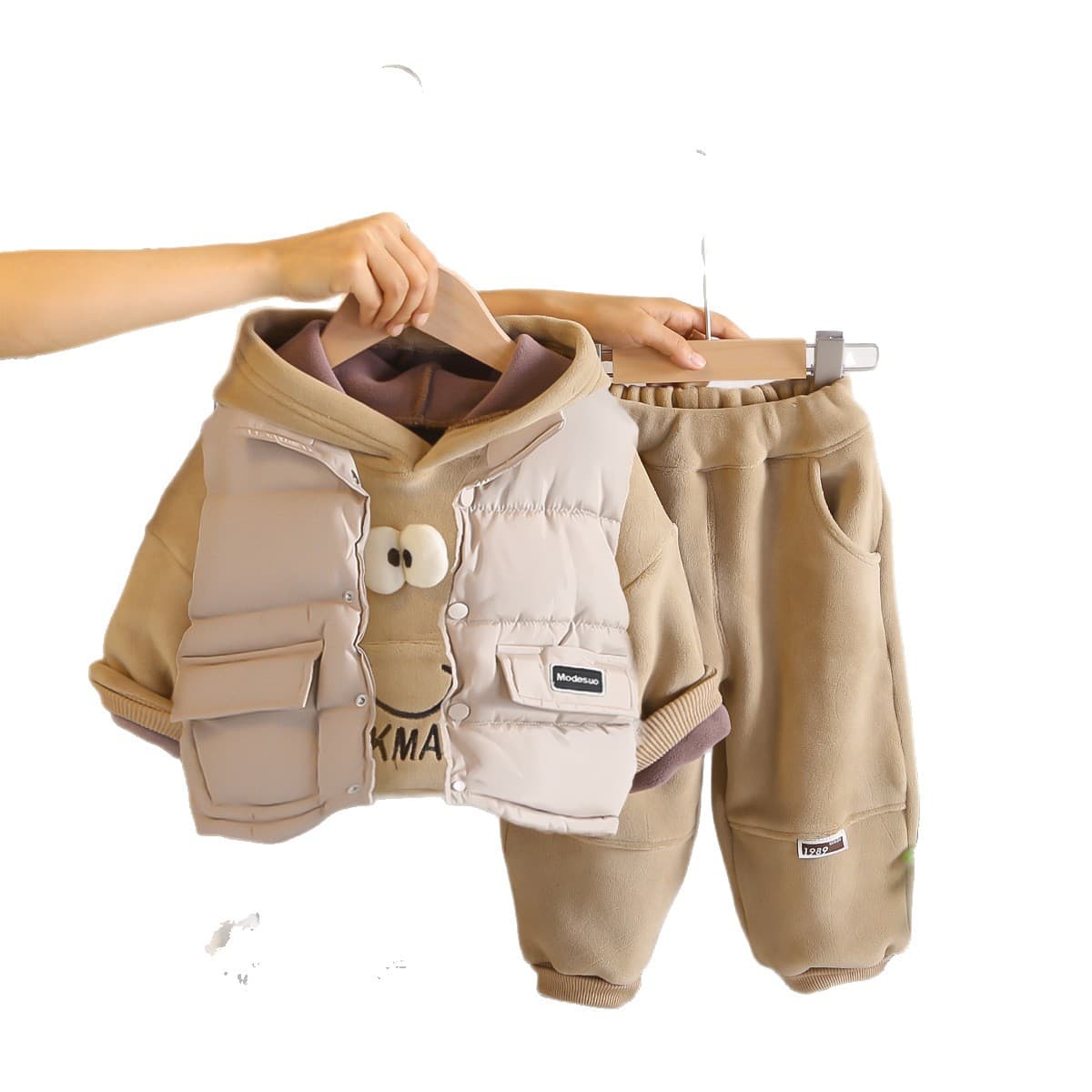 Children's Clothing Boys Fashionable Fleece Thickened Smiling Face Vest Three-Piece Set Baby Winter Sweatshirt Kids