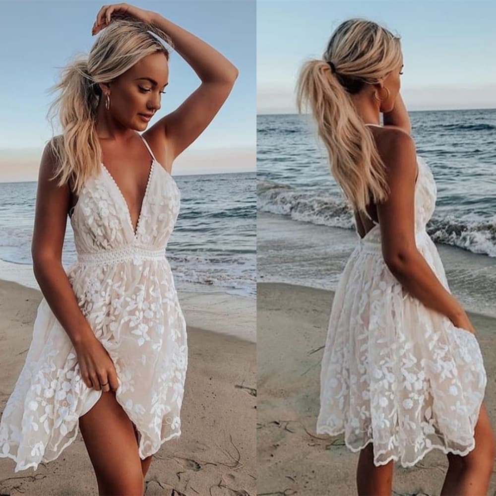 Women's sexy deep V-neck backless suspender dress lace beach dress