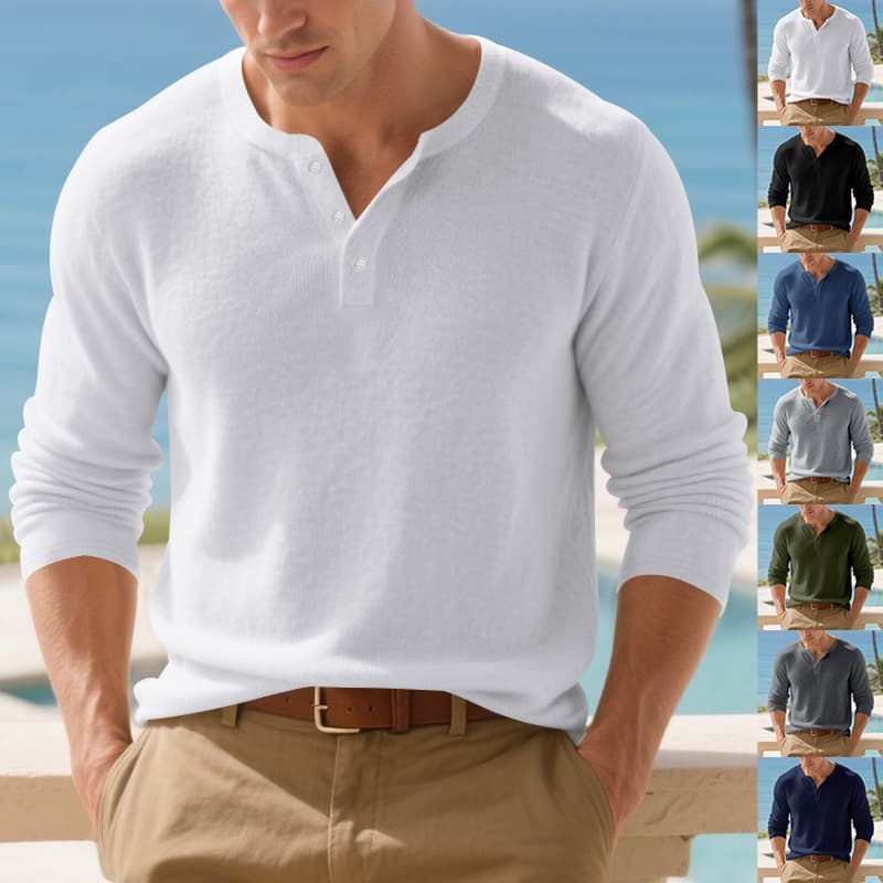 Men's Outdoor Casual Simple Loose Commuter Henry Shirt Long Sleeve Bottoming Shirt Men