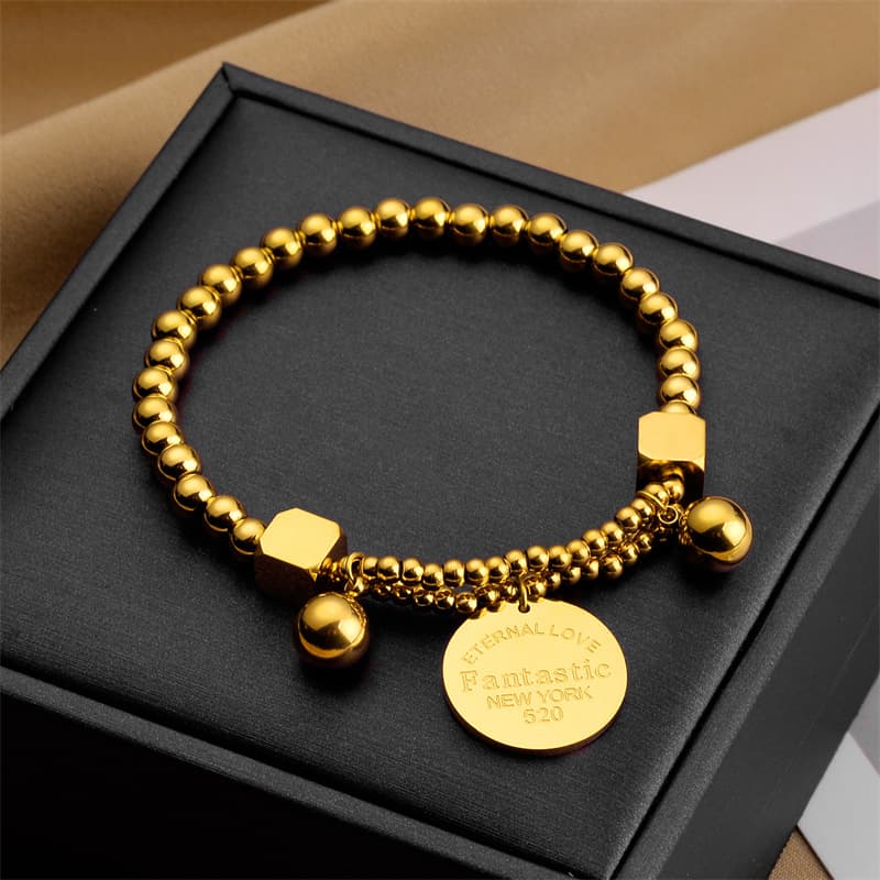 Stainless Steel Disc Letters Charms Bracelet For Women Fashion Beaded Chain Wrist Jewelry Party Casual Gift