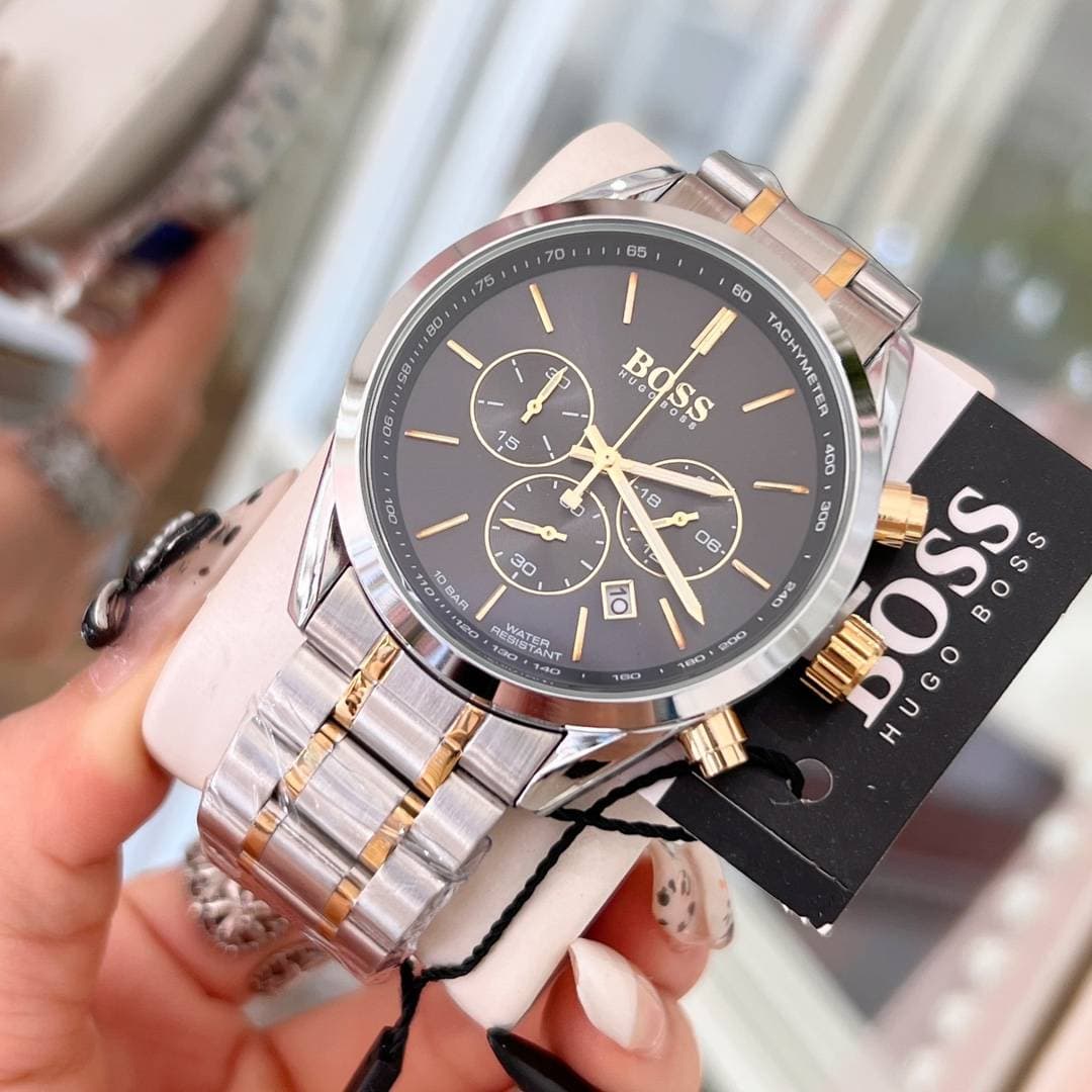 Montre à quartz BOSS avec bracelet en métal, or et argent, chronographe, étanche à 10 bars, élégante pour le travail et les loisirs