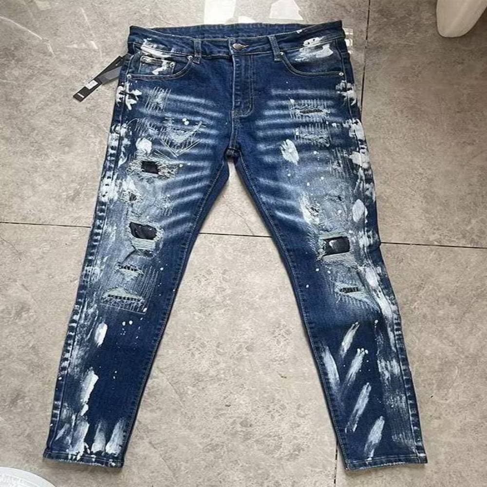 ​​Slim Fit Men's Embroidered Ripped Jeans - Premium Cotton Denim Pants For Casual & Streetwear​​