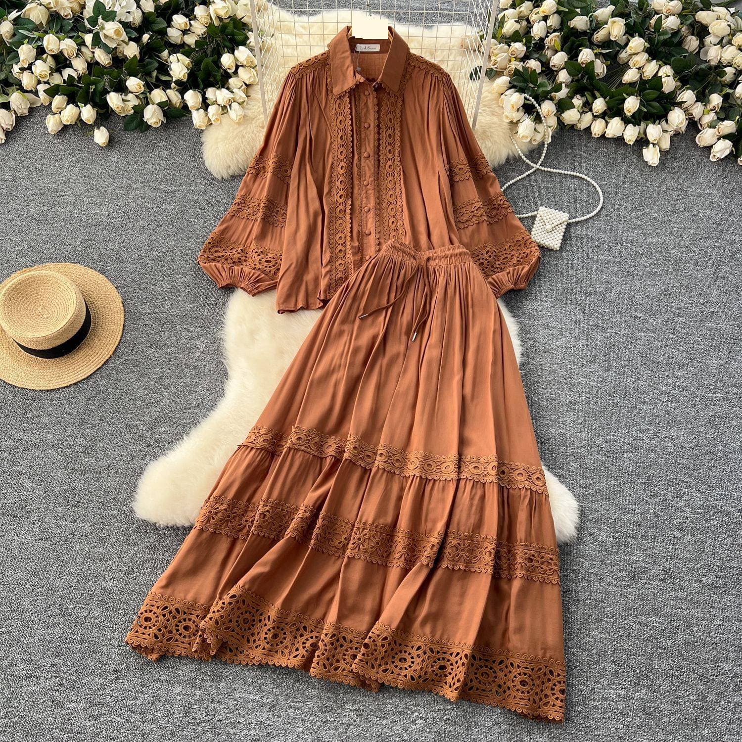 Elegant Hollow Lace Lantern Sleeve Blouse & High Waist Slim Skirt Set For Women - Breathable Polyester Summer Outfit